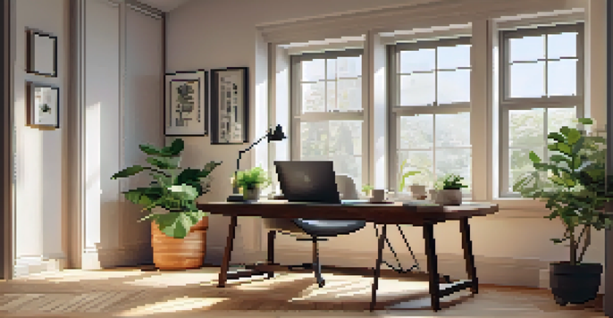 A cozy home office with a wooden desk, laptop, coffee cup, notepad, and a potted plant, illuminated by natural light from a window.