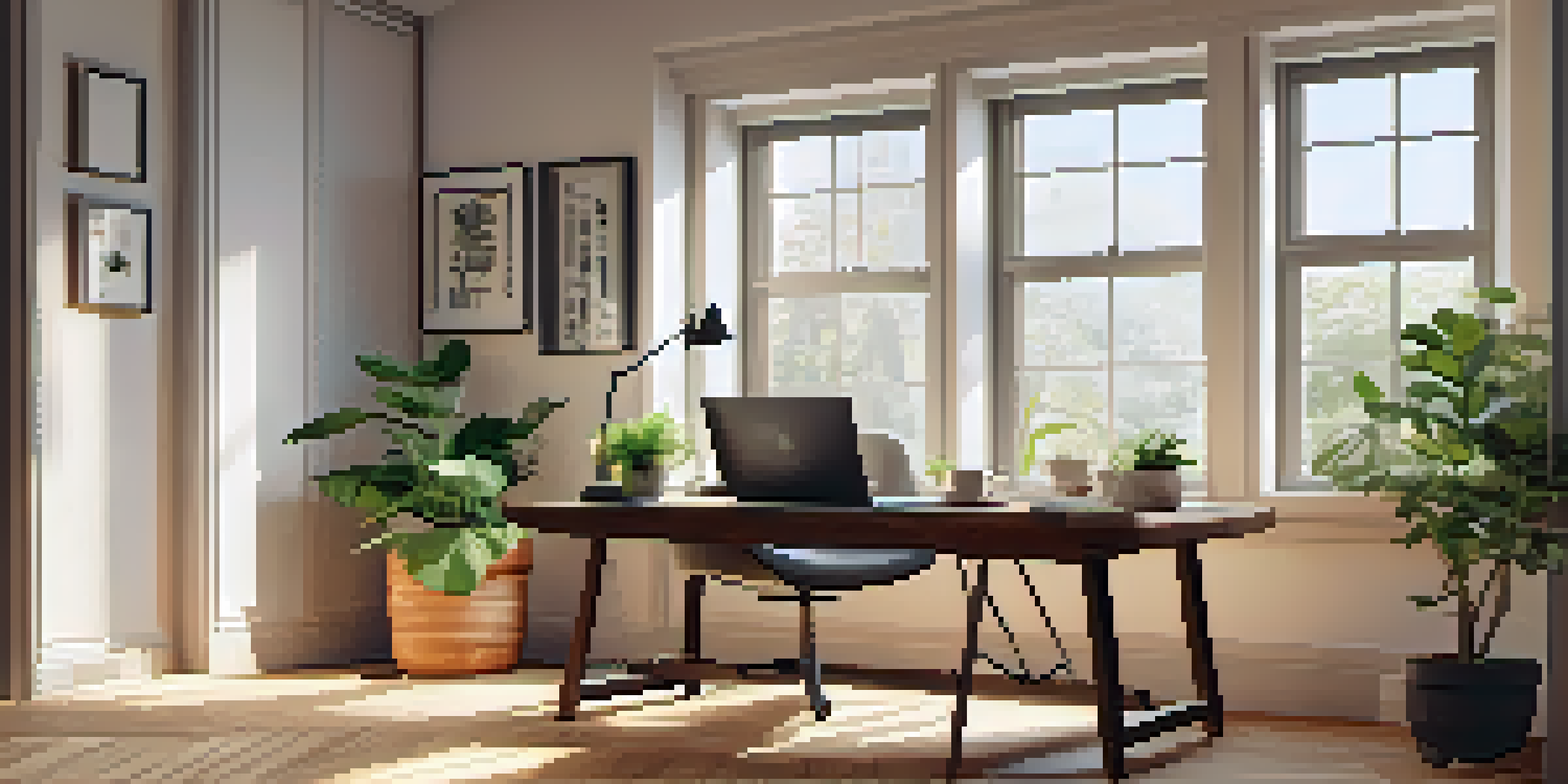 A cozy home office with a wooden desk, laptop, coffee cup, notepad, and a potted plant, illuminated by natural light from a window.