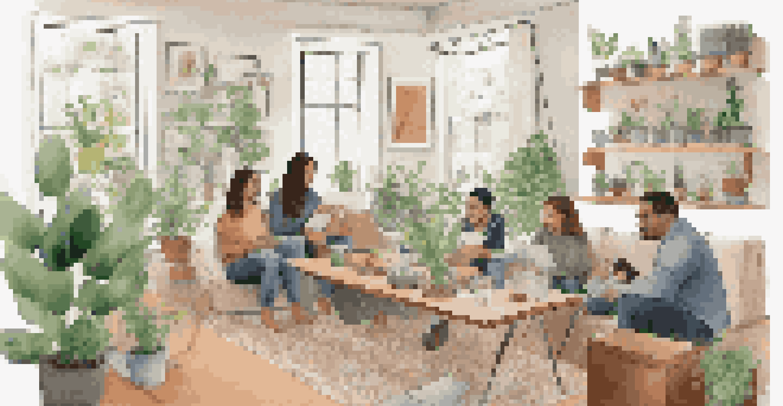 A family discussing their sustainability plan in a cozy living room filled with plants and eco-friendly decor.