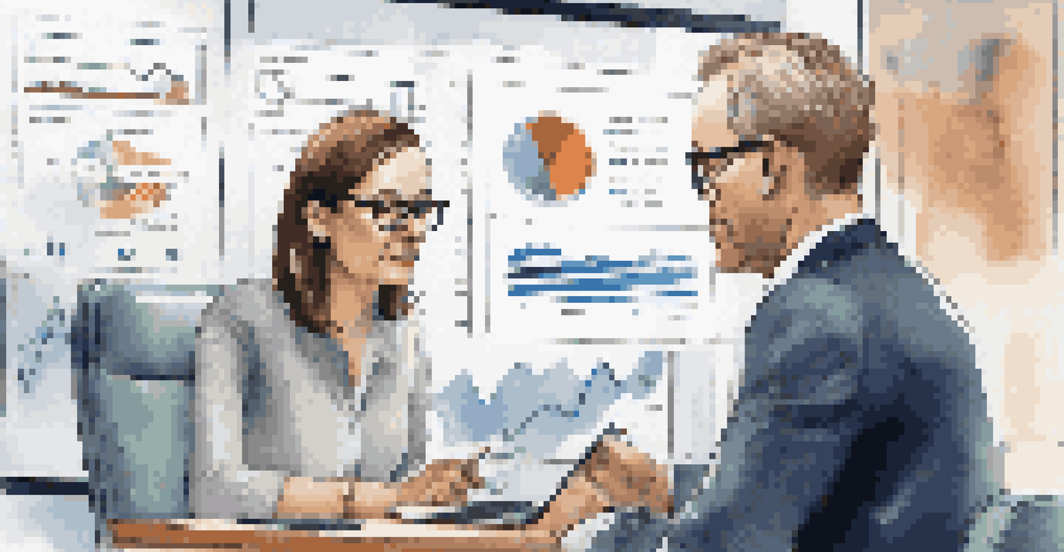 A financial advisor showing ESG investment strategies on a laptop to a young male client in a modern office setting.