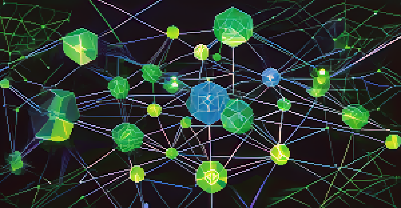 An abstract illustration of blockchain technology with interconnected nodes and digital currencies, glowing against a dark background.