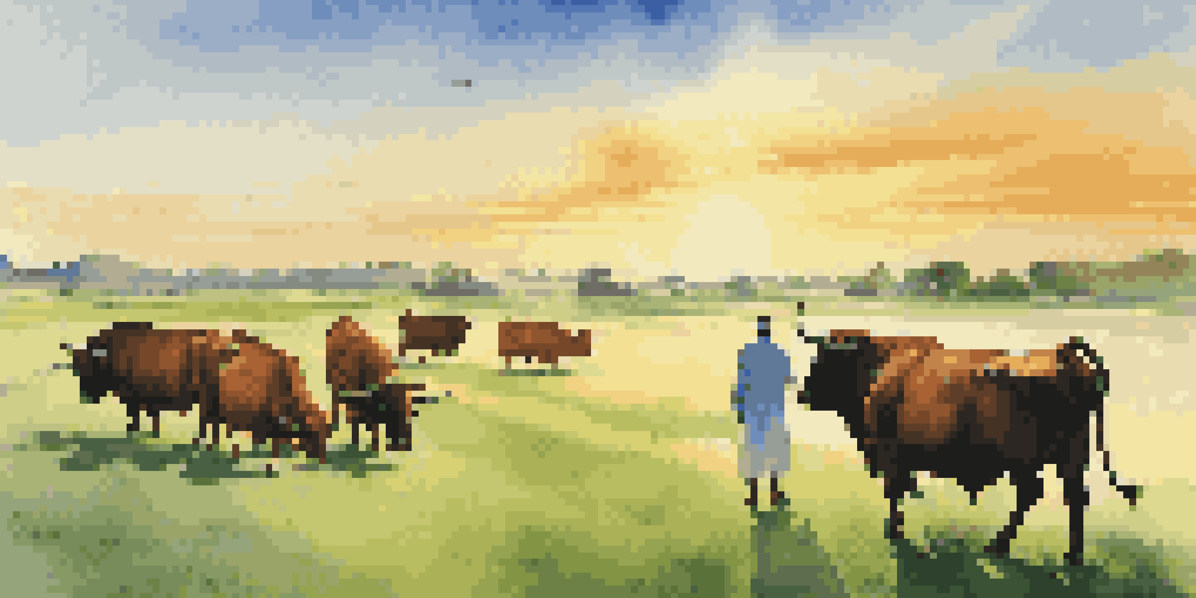 A vibrant green field with a majestic bull under a bright sky, representing a bull market, with investors discussing in the foreground.