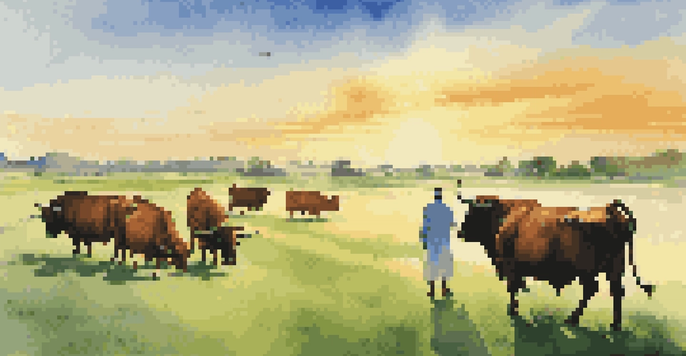 A vibrant green field with a majestic bull under a bright sky, representing a bull market, with investors discussing in the foreground.