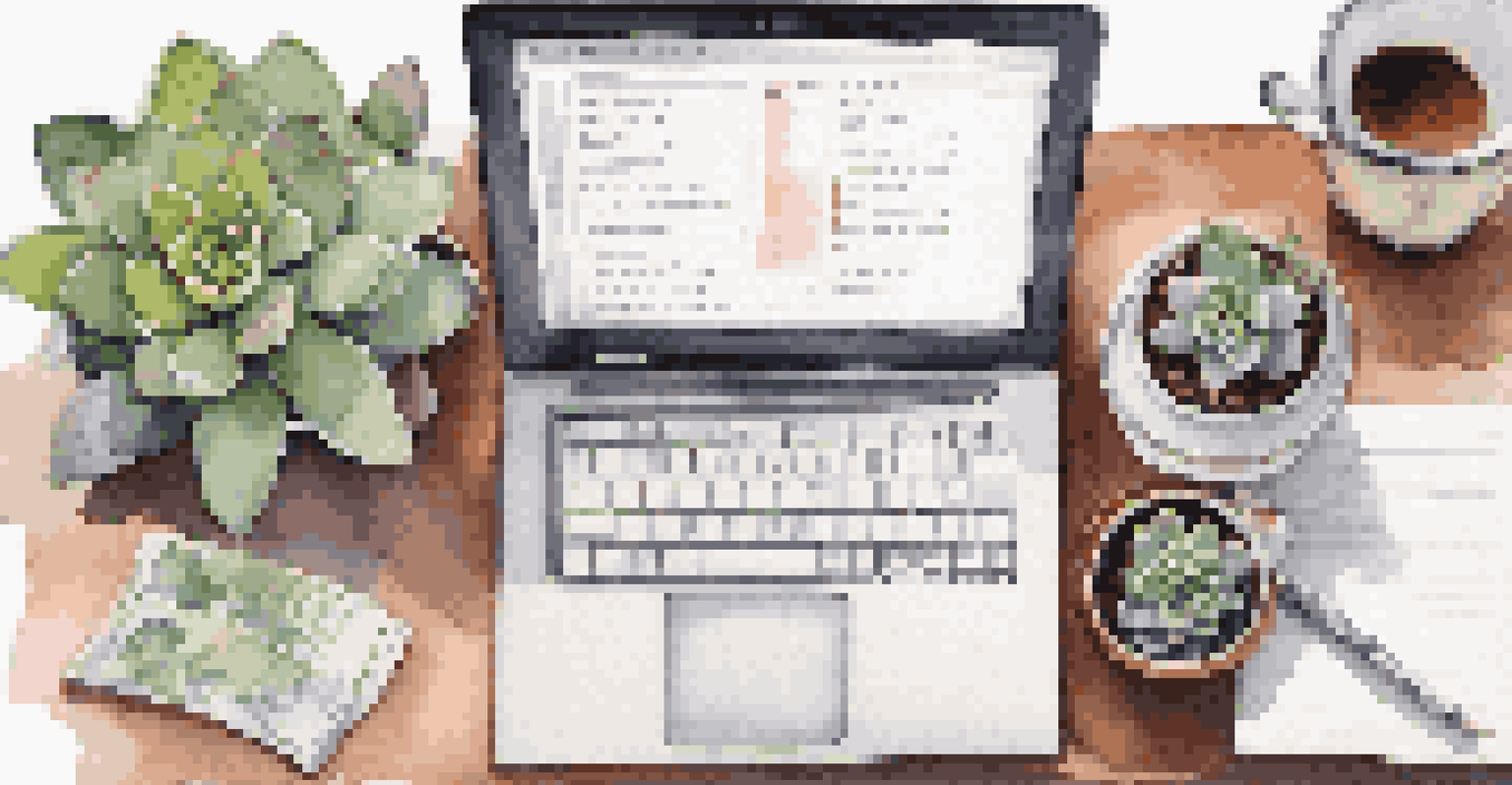 An organized desk with a laptop, budgeting sheets, and a cup of tea, illuminated by natural light.