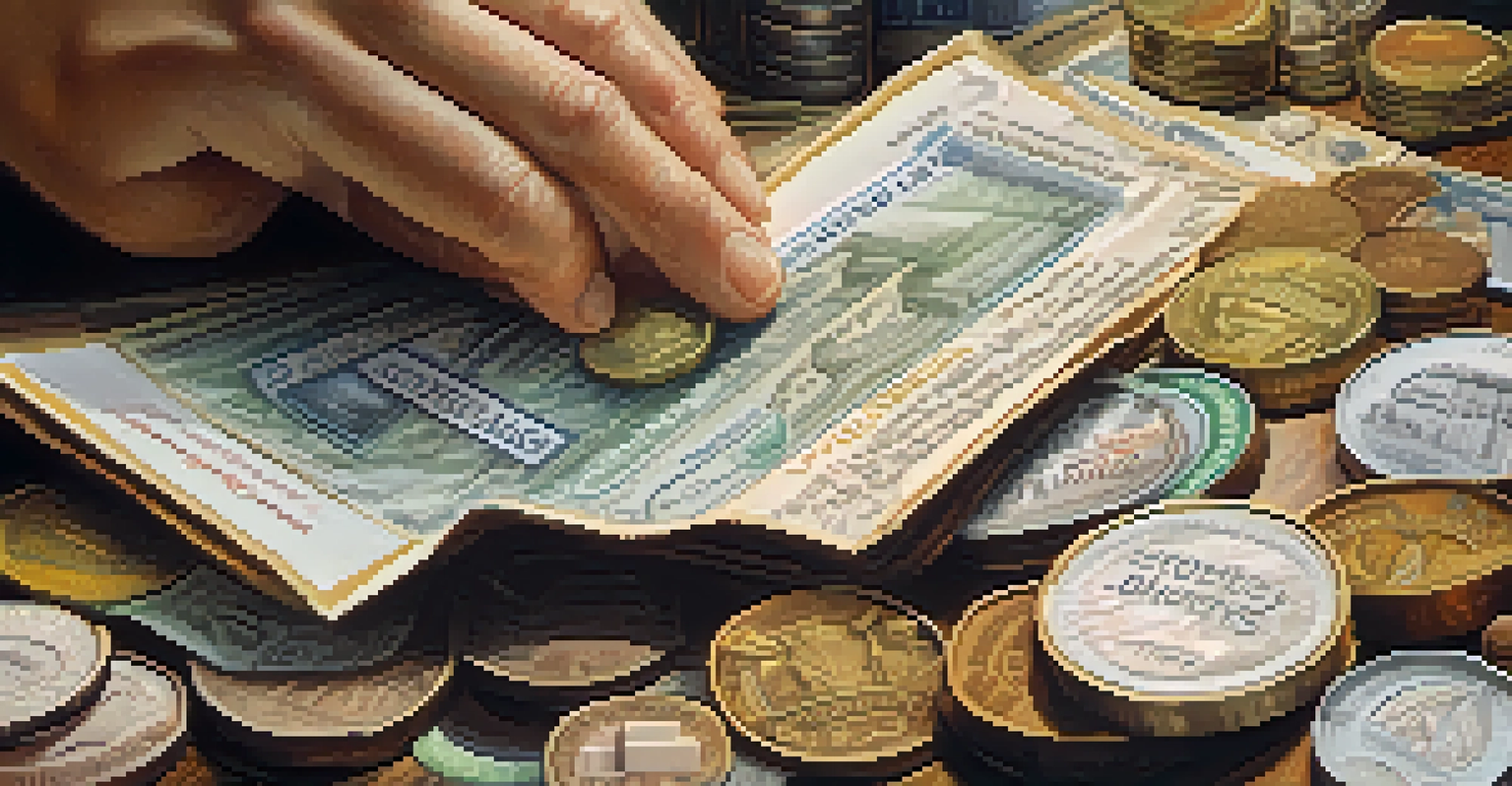 A close-up of a hand holding various coins and stock certificates, representing investment diversity.