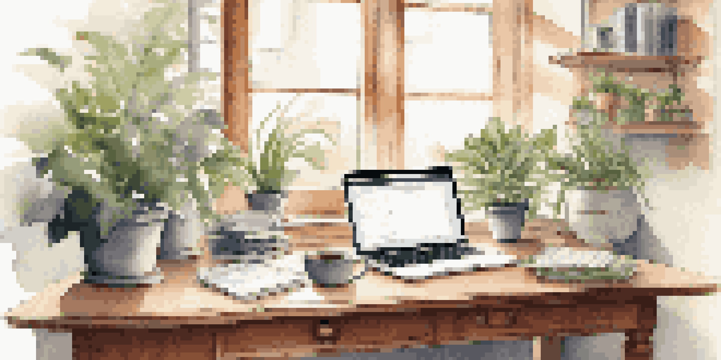 A cozy home office with a wooden desk, laptop, notepad with financial goals, and a cup of coffee, illuminated by soft natural light.