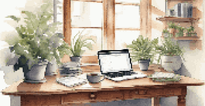 A cozy home office with a wooden desk, laptop, notepad with financial goals, and a cup of coffee, illuminated by soft natural light.