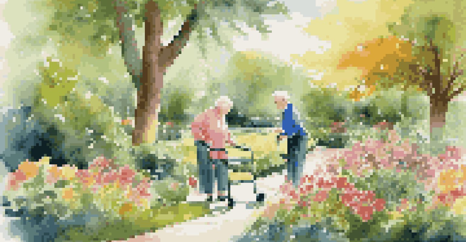 A caregiver helping an older adult with a walker in a beautiful garden filled with flowers and greenery.