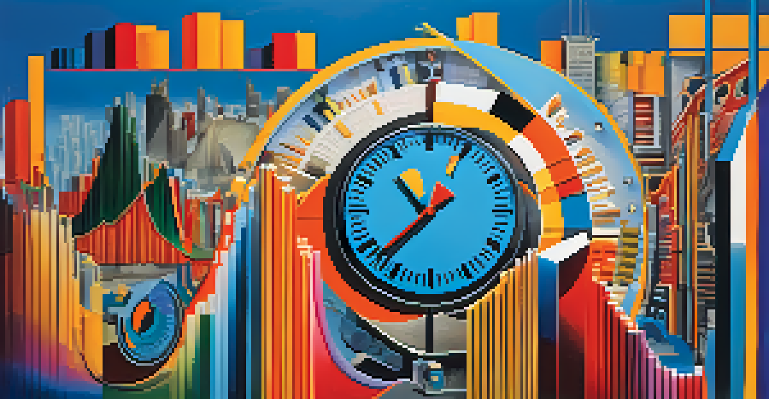 An abstract representation of 1970s stagflation with fluctuating graphs and images symbolizing economic challenges.