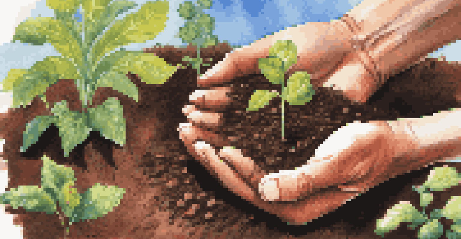 Close-up of hands planting seeds in soil, with a vibrant community garden in the background, emphasizing growth and sustainability.