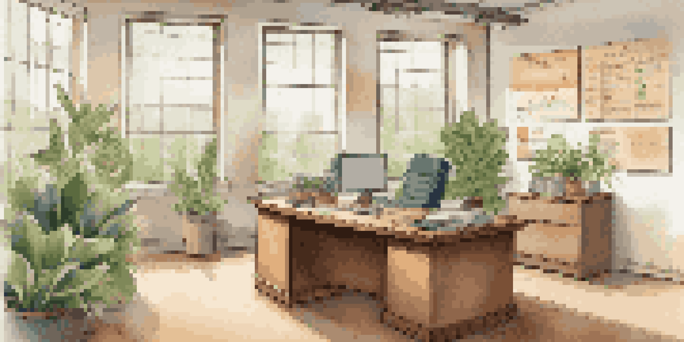 An office space with a wooden desk, financial documents, and plants, illuminated by natural light, depicting a nonprofit organization.