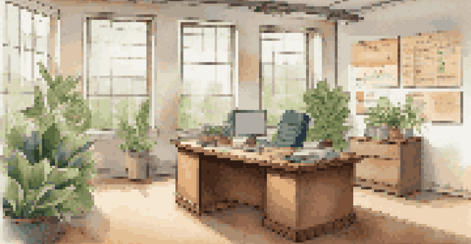 An office space with a wooden desk, financial documents, and plants, illuminated by natural light, depicting a nonprofit organization.