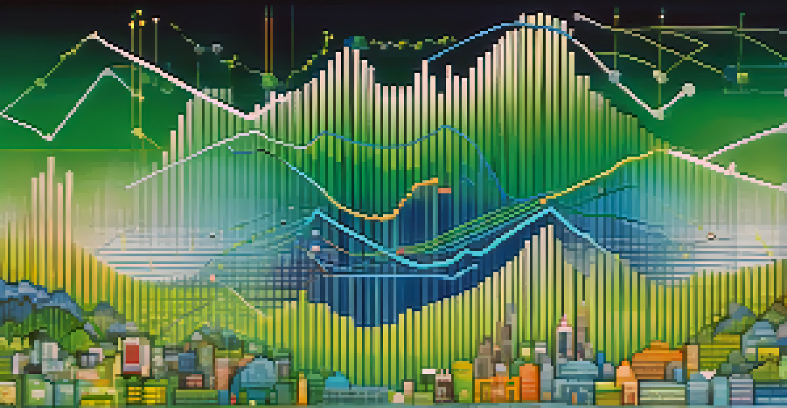 An abstract digital landscape illustrating market sentiment with fluctuating lines and colorful data points against a blue-green gradient.