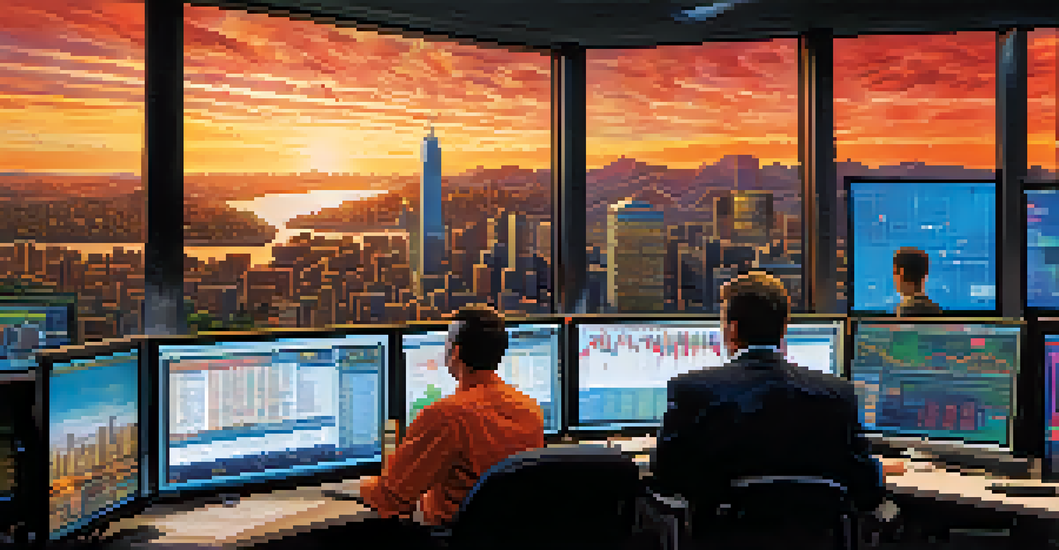 A dynamic city skyline at sunset, with traders analyzing stock charts, symbolizing short-term trading.