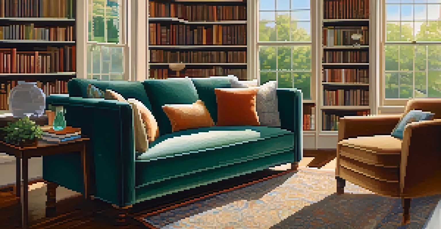 A cozy living room with a sofa, bookshelf, and warm sunlight, representing comfort in retirement.