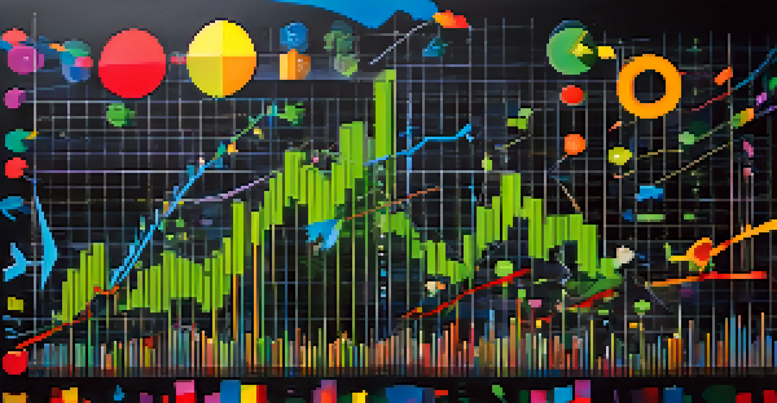 An abstract image illustrating margin trading with a vibrant upward graph and financial symbols on a dark background.