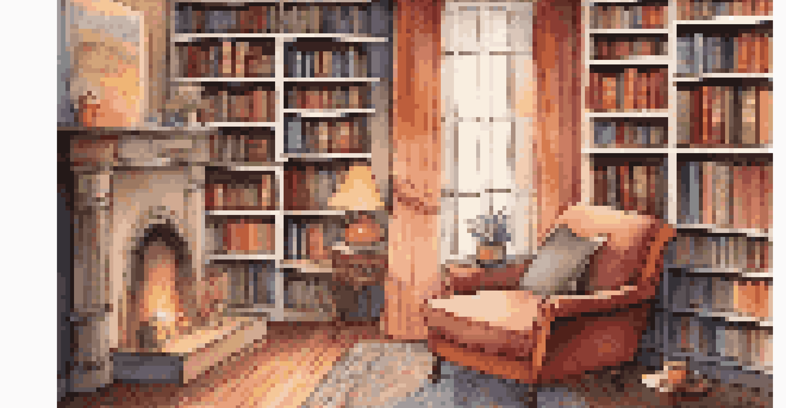 A cozy reading nook with an armchair, bookshelf, and a warm fireplace.