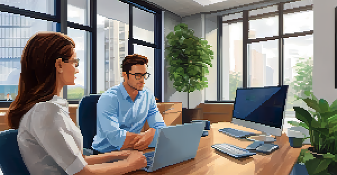 A financial advisor discussing investment strategies with a young investor in a bright office.