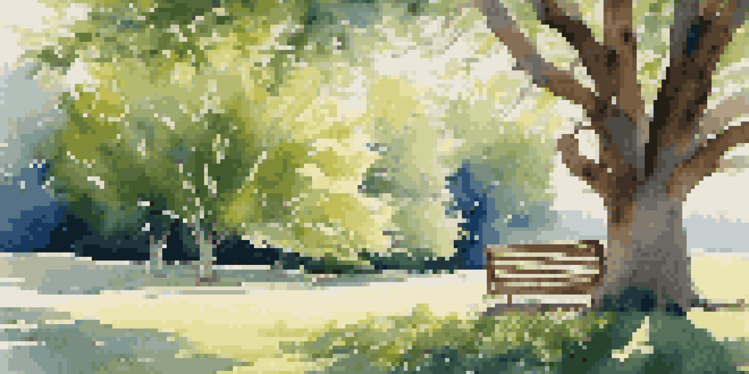 A colorful garden filled with blooming flowers and greenery, featuring a wooden bench under a tree with sunlight filtering through the leaves.