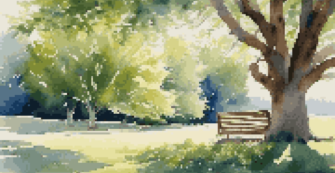 A colorful garden filled with blooming flowers and greenery, featuring a wooden bench under a tree with sunlight filtering through the leaves.