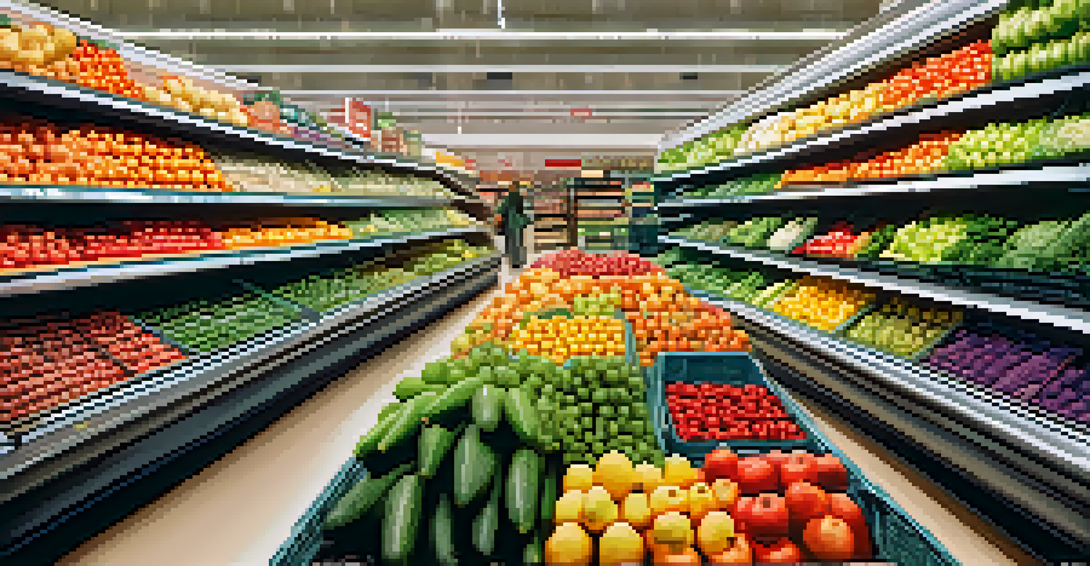 A close-up view of a grocery store aisle showcasing colorful fresh produce with a shopper reaching for apples.