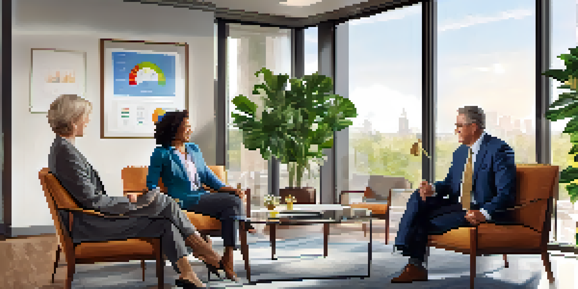 An office scene where a financial advisor discusses retirement plans with a couple, highlighting charts and financial documents.