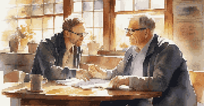 A financial mentor and mentee discussing financial plans at a coffee shop, with charts visible on a notepad.