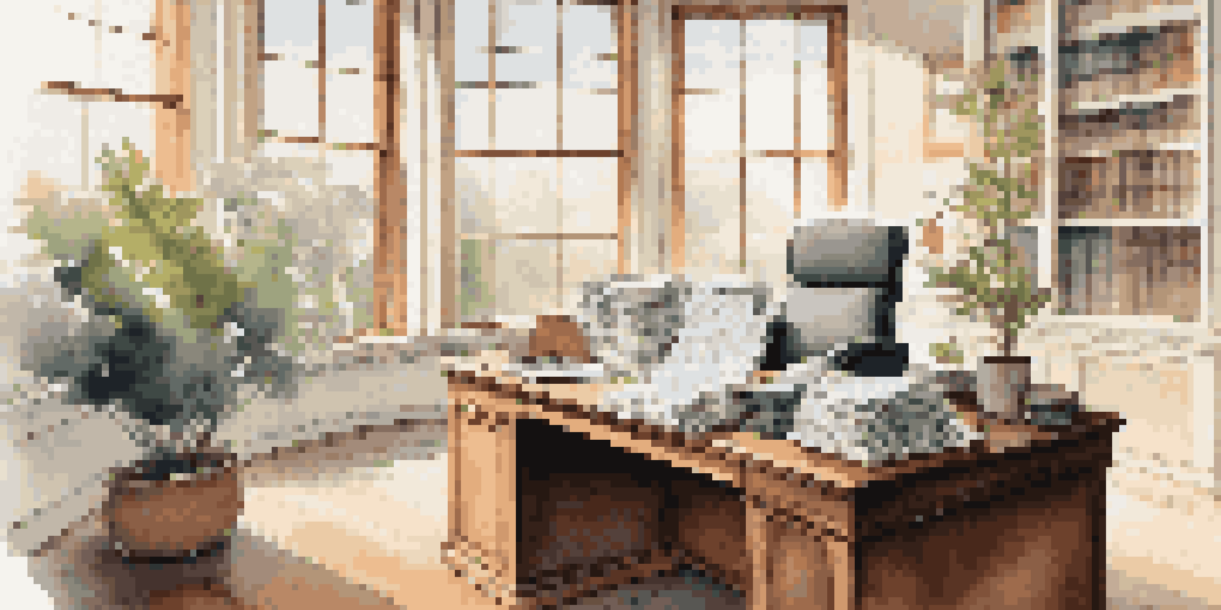 A financial advisor's office with a wooden desk, financial documents, a laptop with stock graphs, and a potted plant.