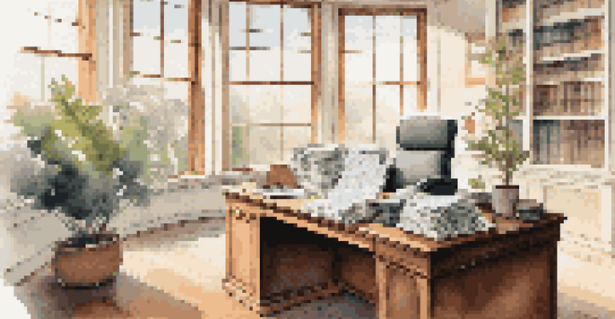 A financial advisor's office with a wooden desk, financial documents, a laptop with stock graphs, and a potted plant.