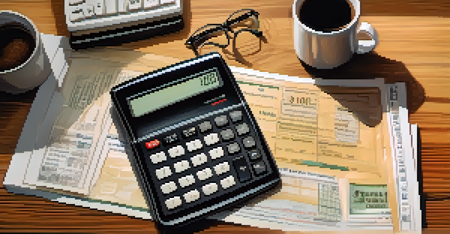 A calculator on a wooden desk surrounded by financial documents, a globe, and a cup of coffee, conveying a sense of financial planning.