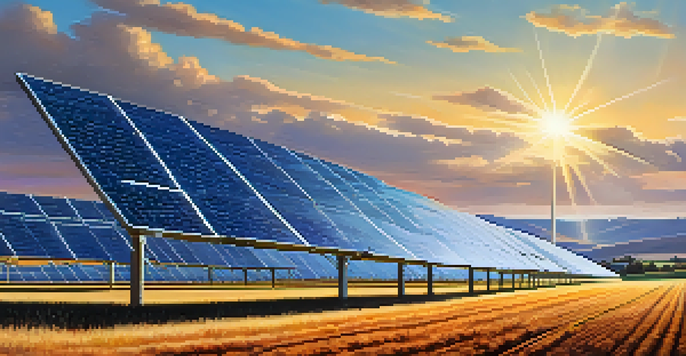 A solar farm with rows of solar panels under a blue sky, complemented by wind turbines in the background.