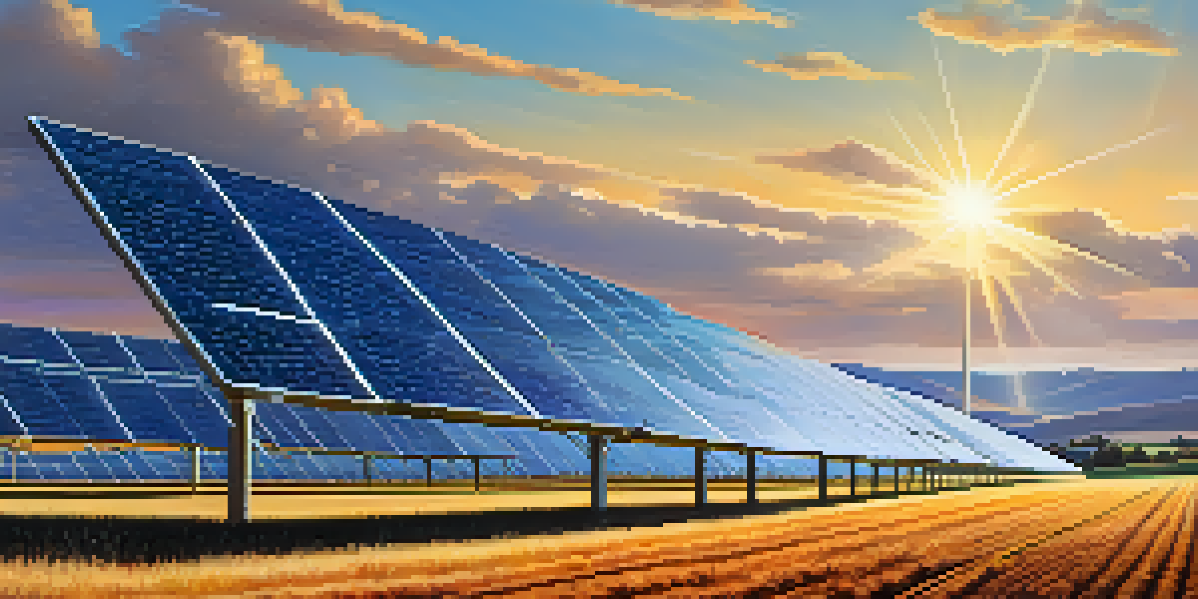 A solar farm with rows of solar panels under a blue sky, complemented by wind turbines in the background.