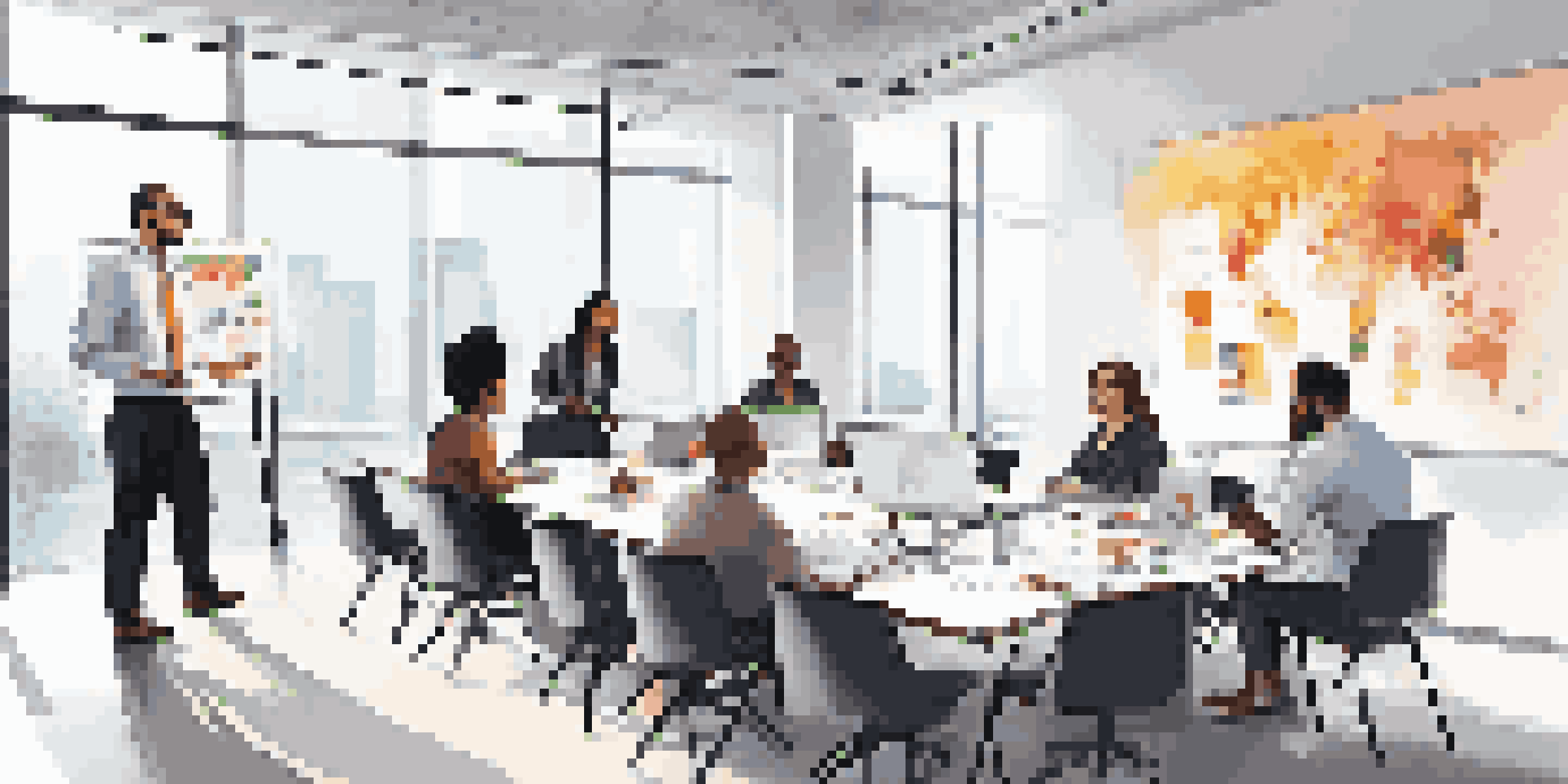 A diverse group of professionals in a bright office, participating in a compliance training session with laptops and charts.