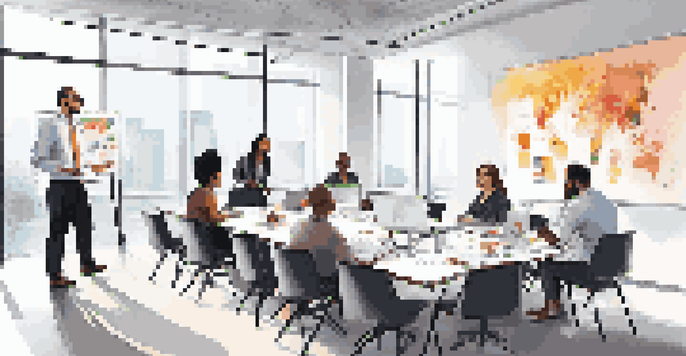 A diverse group of professionals in a bright office, participating in a compliance training session with laptops and charts.