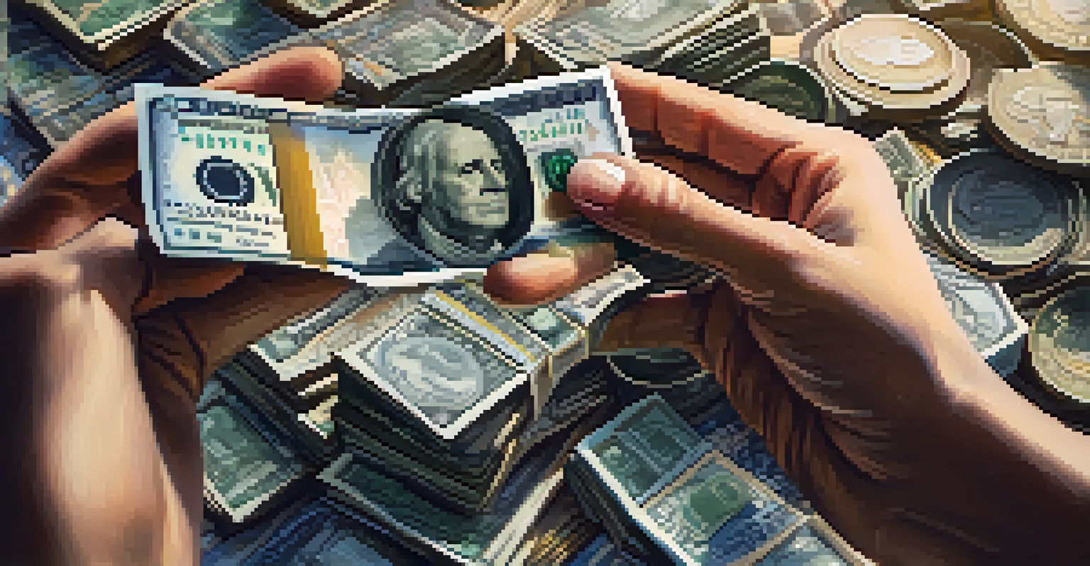 A hand holding coins and banknotes with a blurred residential property in the background, symbolizing investment.