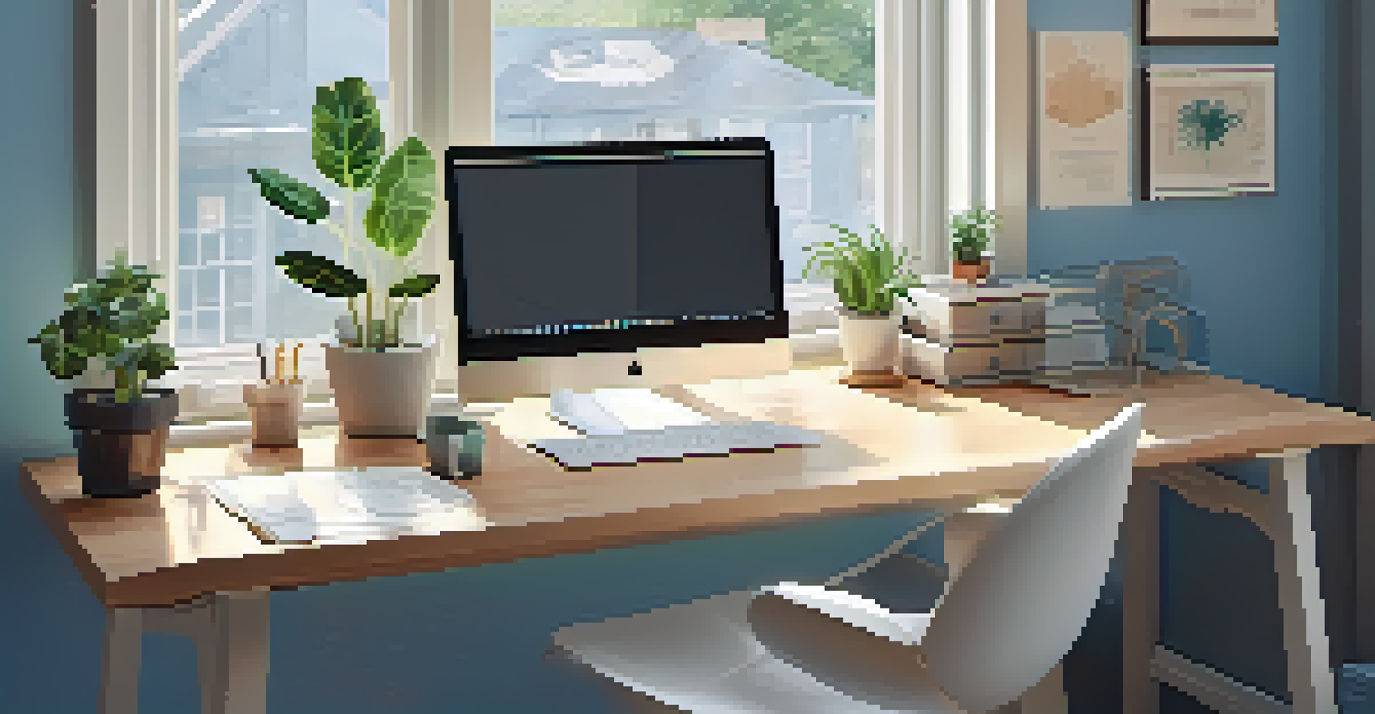 A modern home office with a laptop displaying financial graphs, a coffee cup, and plants, illuminated by natural light.