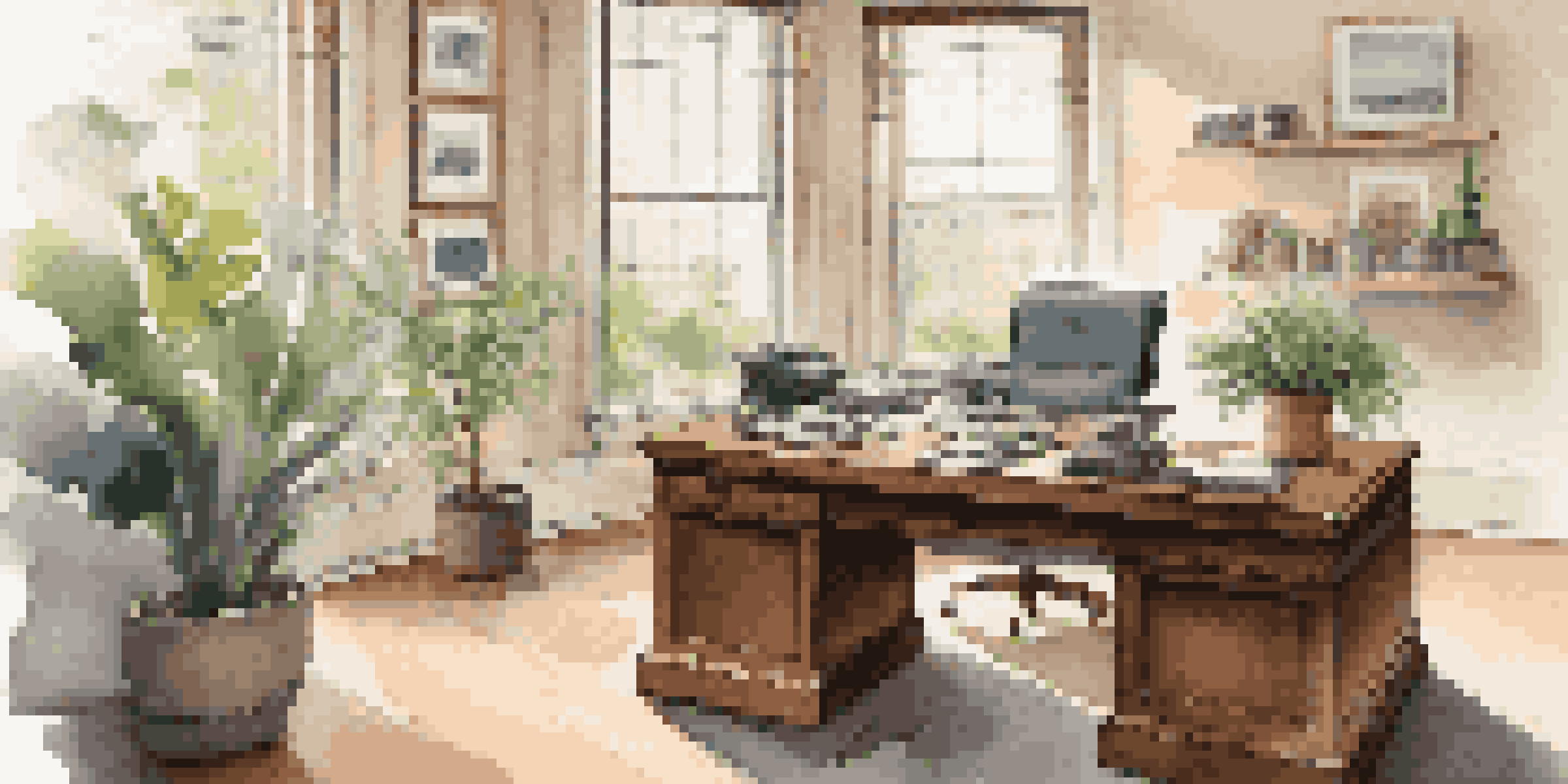 A financial advisor's office featuring a wooden desk, a laptop with financial graphs, and natural light coming through a window, creating a calm atmosphere.