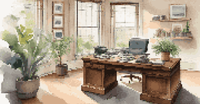 A financial advisor's office featuring a wooden desk, a laptop with financial graphs, and natural light coming through a window, creating a calm atmosphere.