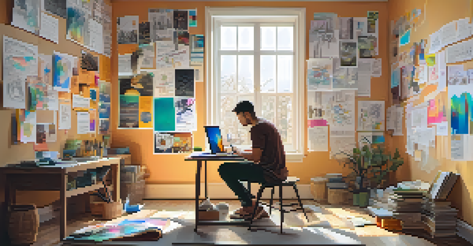 An artist creating digital art on a tablet in a bright, inspiring studio filled with sketches and color.