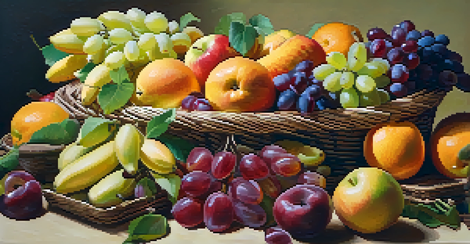 A colorful fruit basket filled with apples, oranges, bananas, and grapes, beautifully arranged.