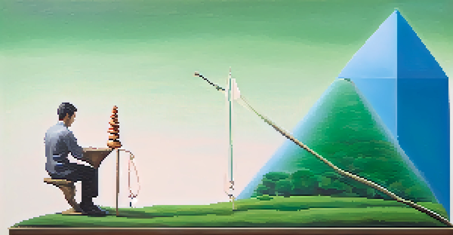 A balanced scale showing investment symbols with a thoughtful person, set against calming colors.