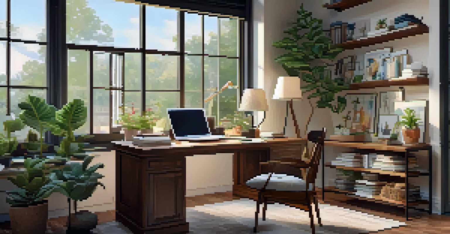 A cozy home office with a wooden desk, laptop, books, and coffee, bathed in natural light and decorated with plants.