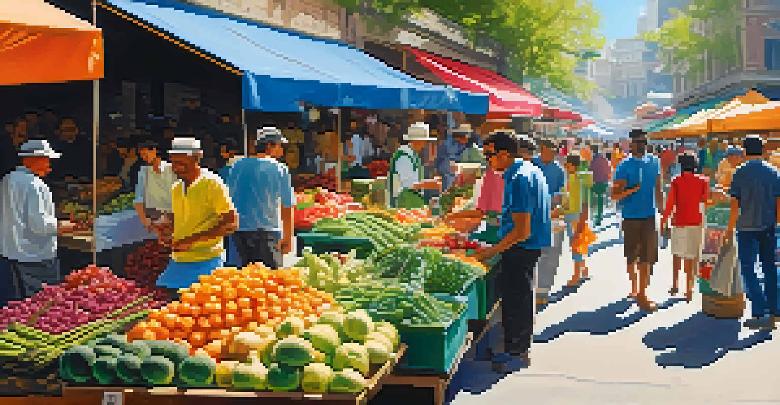 A lively street market filled with colorful fruits, vegetables, and people shopping and enjoying food.