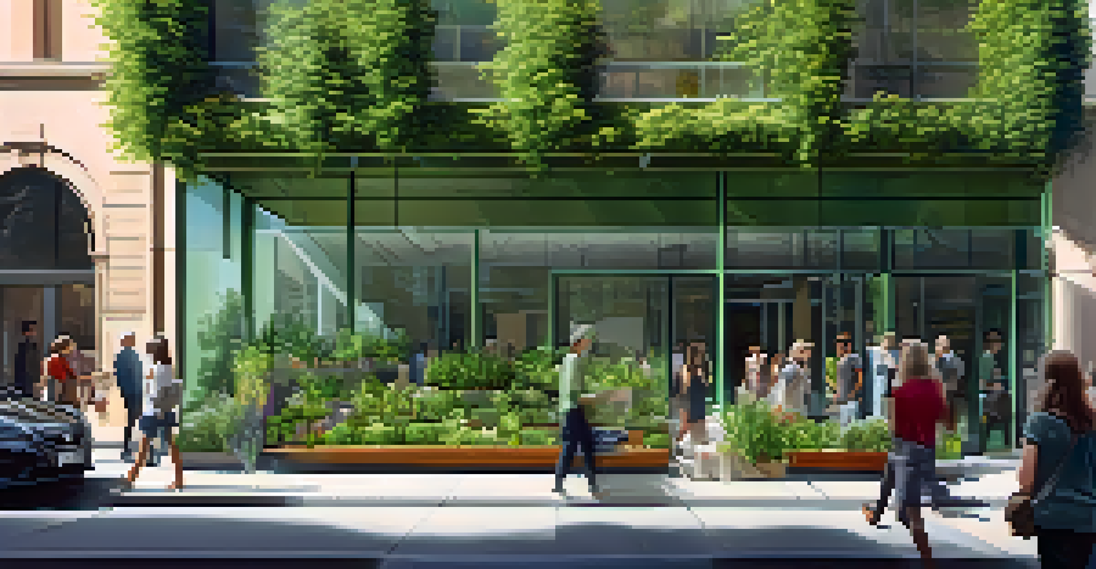 A modern, energy-efficient building with green walls and solar panels, surrounded by people promoting sustainability in an urban environment.