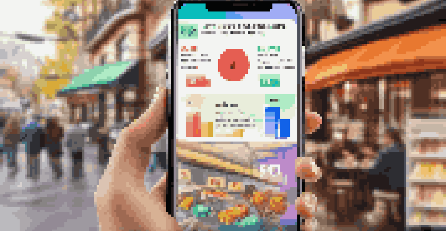A close-up of a mobile phone showing an AR interface with 3D representations of transaction history in a cafe.