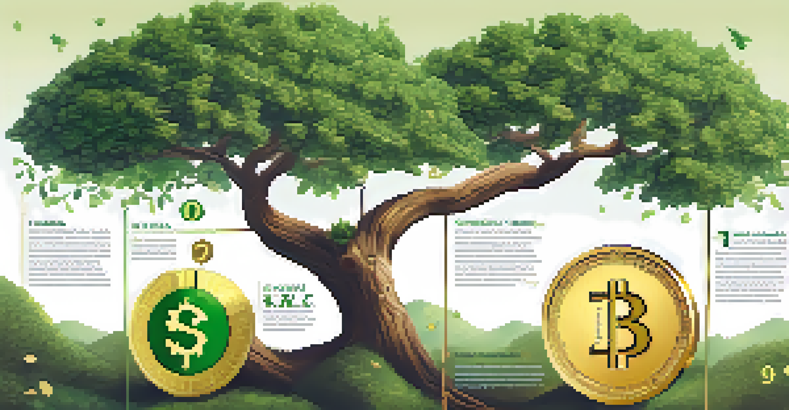 An illustration showing the growth of an investment over time with a tree and monetary symbols.
