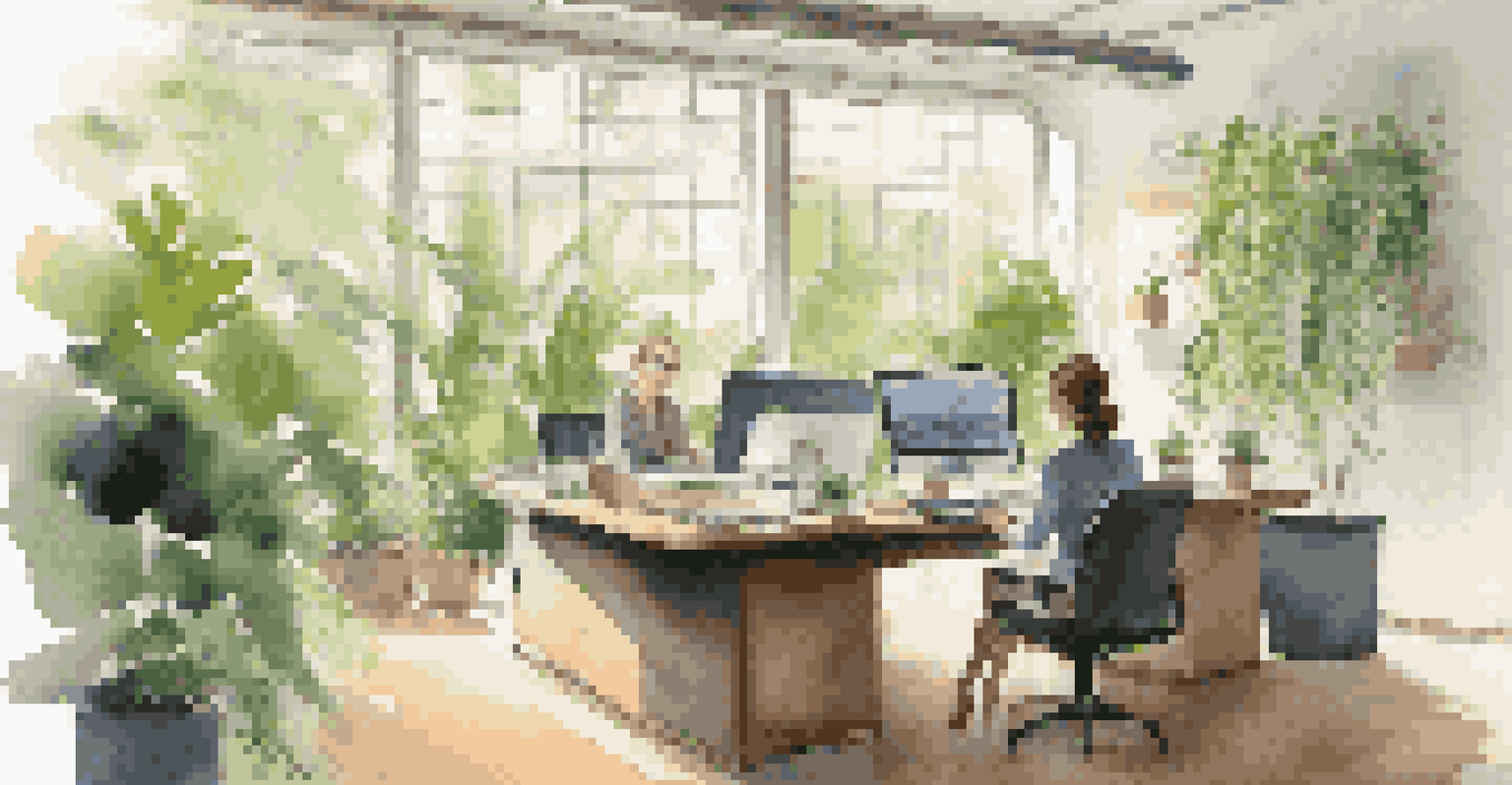 A family office investor thoughtfully reviewing a sustainable business proposal in a green office filled with natural light and eco-friendly decor.