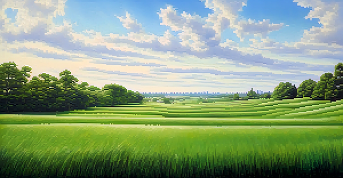 A peaceful landscape with a green field divided into sections representing different investment assets, illuminated by soft sunlight.