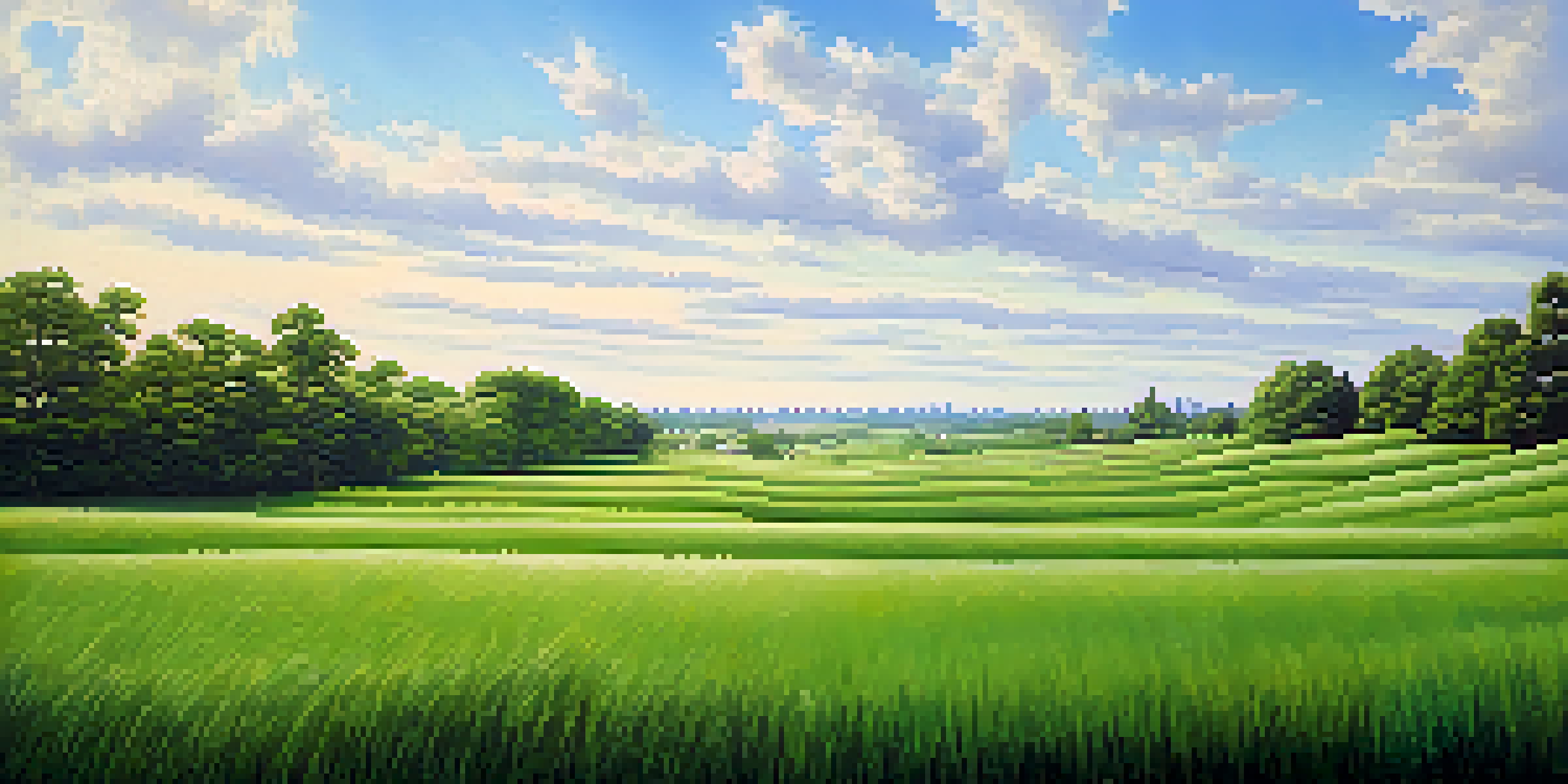 A peaceful landscape with a green field divided into sections representing different investment assets, illuminated by soft sunlight.