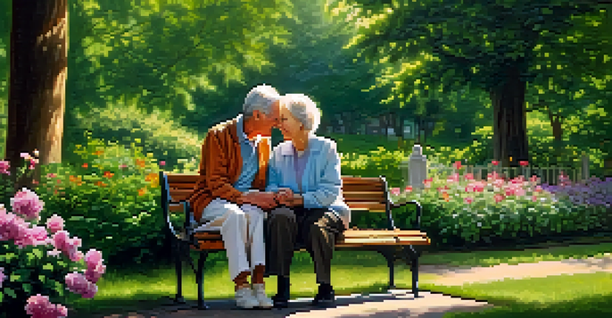 An elderly couple sitting on a park bench in a beautiful garden, smiling and enjoying their time together.